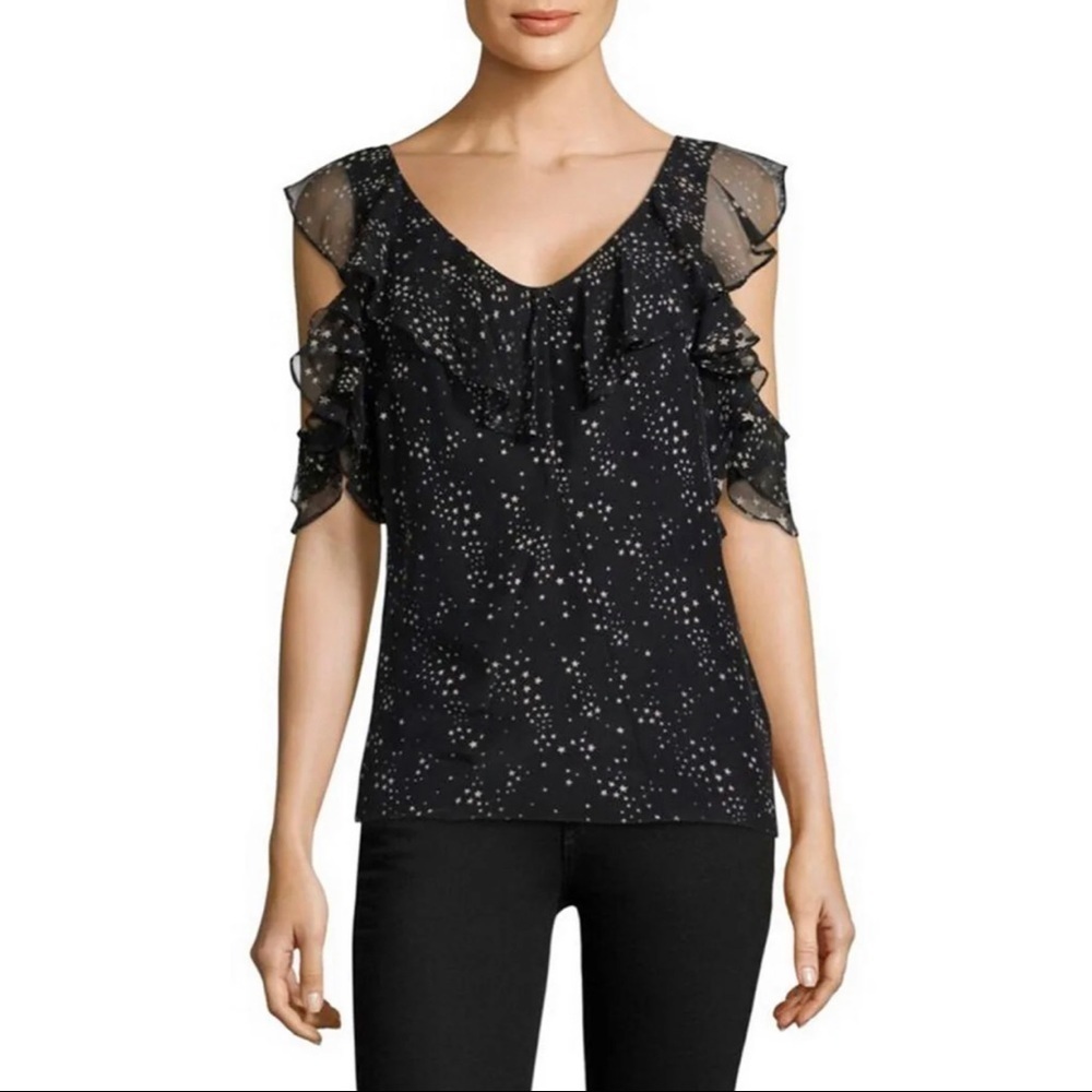 Love Shack Fancy Sz XS Black Silk Ruffled Star Print Cold Shoulder Blouse Womens